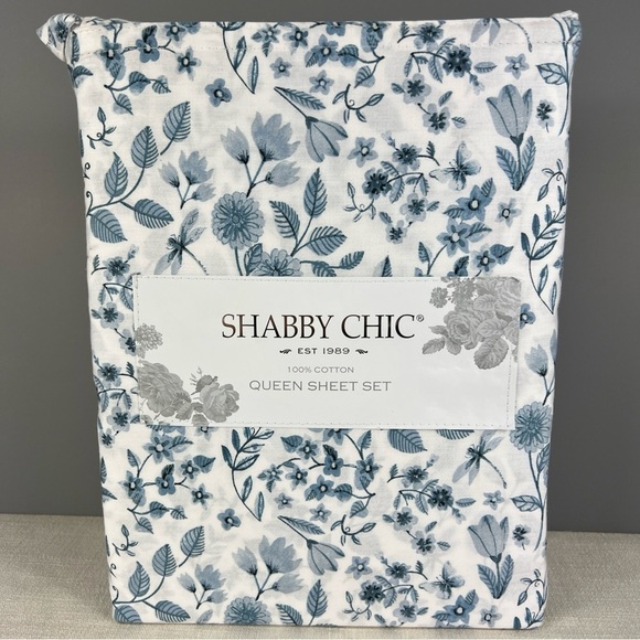 Shabby Chic Queen Sheet Set Floral Blue and White Summer 100% Cotton 4 pc NEW - Picture 2 of 2